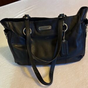 Coach Black Leather Shoulder Tote with Silver Hardware